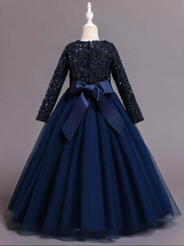 Girl's Long Sleeve V Neck Sequin Dress, Bow Front Fit & Flare Party Dress For Formal Occasions, Kids Clothes, Fashion Girl's Ball Gown For Spring & Fall 3