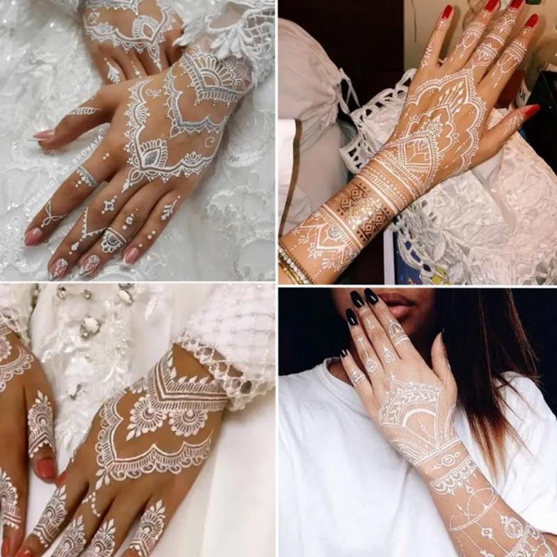 Fashion White Lace Body Art Indian Henna Tattoo Temporary Sticker Waterproof Mandala Flower Long Lasting Bride Wedding Color Sensitive Sheet 4