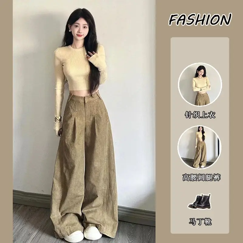 Bộ Đồ Cho Nữ, Bộ Sưu Tập Mùa Thu 2024, Phong Cách Dễ Thương Và Gợi Cảm, Áo Len Dệt Kim Dáng Ôm Ngắn, Quần Ống Rộng Cạp Cao, Bộ Hai Mảnh, Cô Gái Nóng Bỏng Top Women
