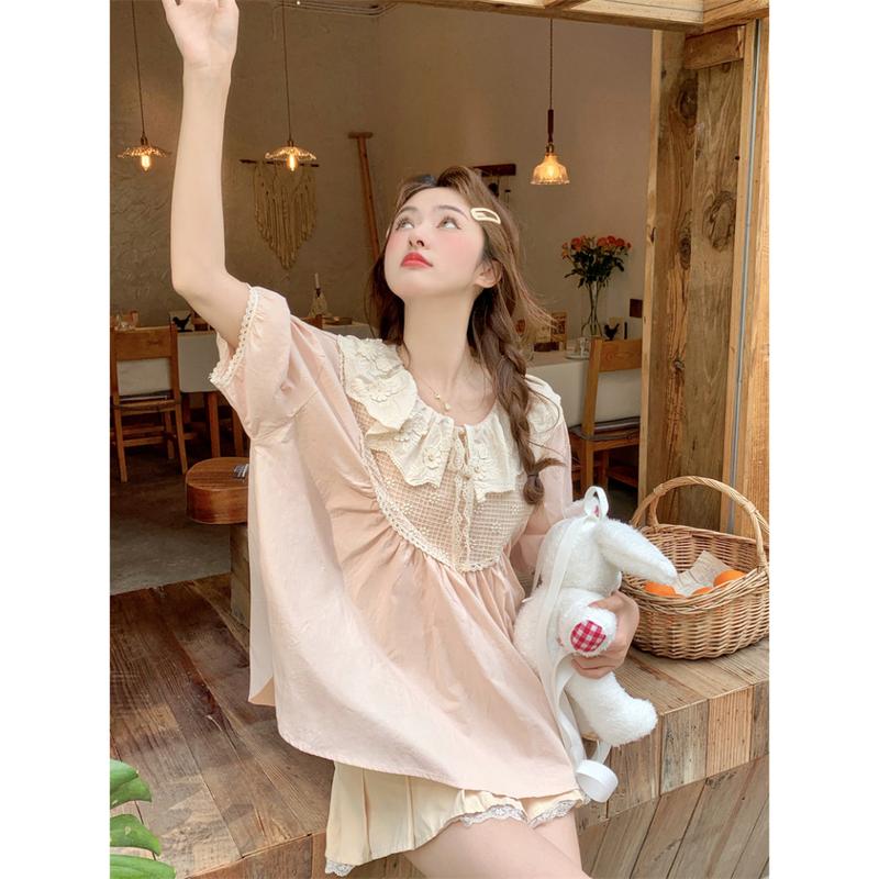 Áo sơ mi nữ cổ viền búp bê thêu hoa hồng nhạt, sơ mi nữ kiểu tay ngắn phồng phong cách dễ thương 5515 7