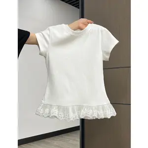 kaos polos slim lengan pendek renda atasan wanita kekinian soft cotton musim panas korean style