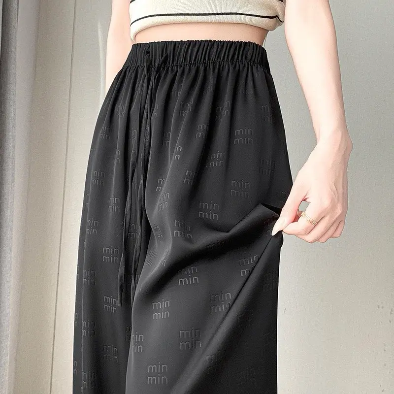 Quần lụa ống rộng dáng dài suông dập chìm chữ min cho nữ Mùa Hè Miu Siêu Đẹp Hàng Chuẩn women pants Ong Đen/hồng/trắng sữa Nhung 5
