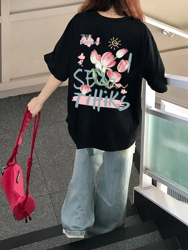 A0040 korean style kaos atasan tulip wanita lengan pendek oversize printed t-shirt baju wanita fashion charmfad.id 0