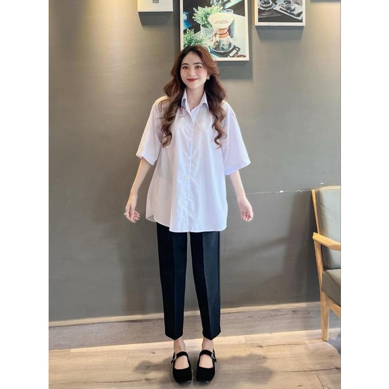 Quần Tây Nữ Lưng Cao Ống Đứng Dáng Dài Có Đai Co Dãn Nhẹ 1 Khuy Chất Vải Mềm Đen Quần Vải Baggy Nữ Cạp Cao Đi Học Sinh Đi Học Ong Pants Women Kem 1