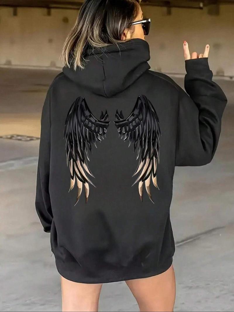 Product Introduction of 【Plus Size】 Angel Wing Print Drop Shoulder Hoodie, Fashion Casual Drawstring Pocket Hooded Sweatshirt for Daily Holiday Outdoor Wear, Women Clothing for Fall & Winter 1