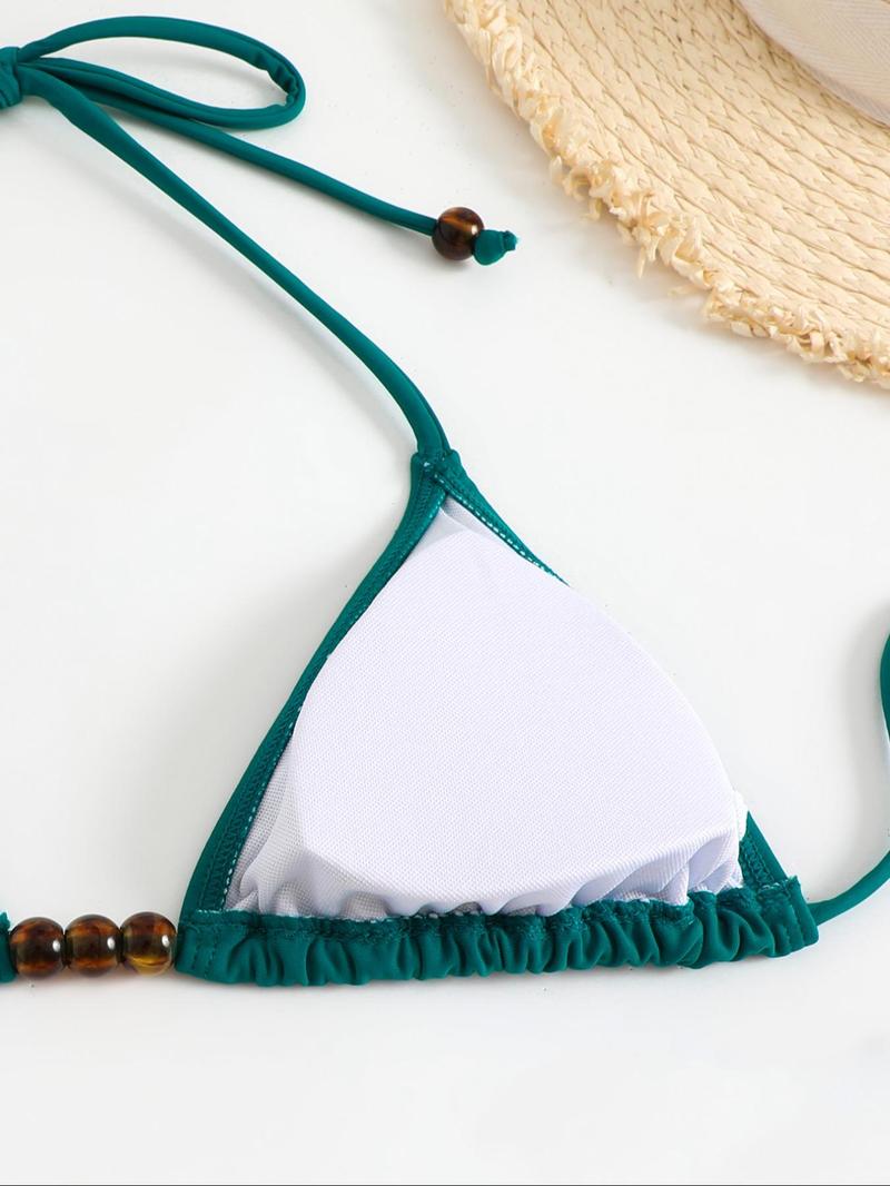 Product Introduction of Two-Piece Set Women's Solid Beaded Tie Back Bikini Set, Boho Fashion Halter Triangle Swim Top & Tie Side Swim Bottom for Beach Holiday Vacation, Ladies Summer Clothes 4