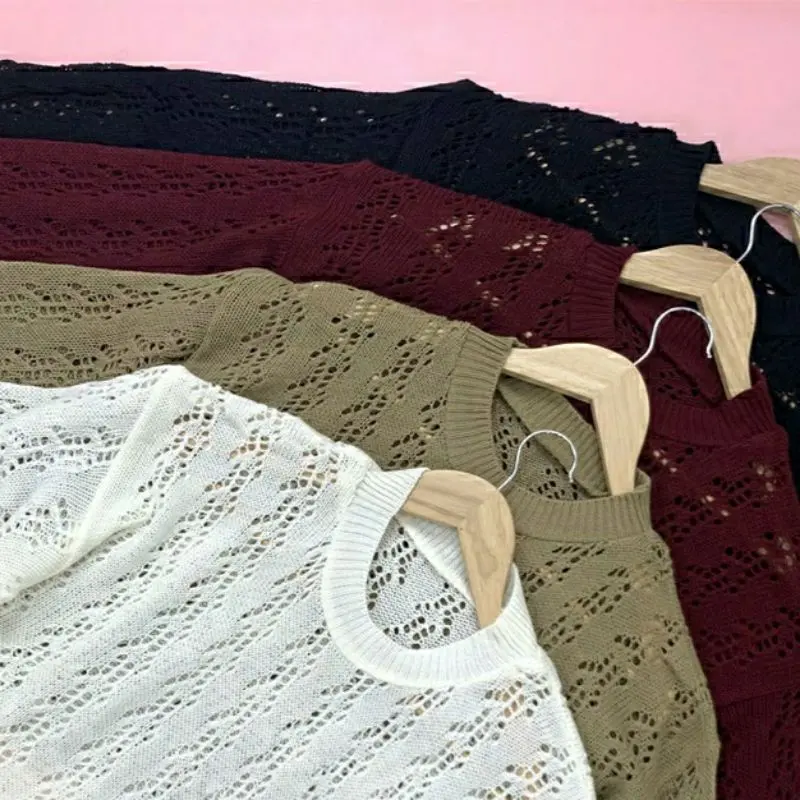 Sweater Rajut Lea Moon Crop Jaring Atasan Knitwear Top Wanita Cardigan 3