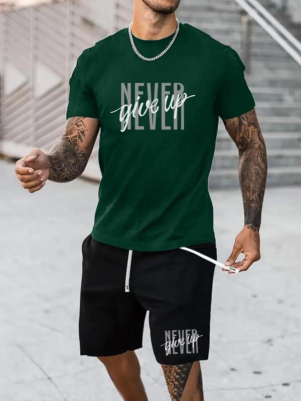 Two-Piece Set Men's Letter Print Tee & Shorts, Regular Fit Round Neck Short Sleeve T-Shirt & Track Shorts, Casual Summer Clothes Set for Outdoor 2