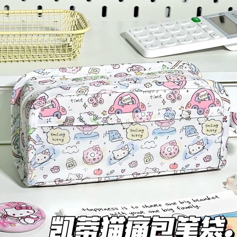 Hộp Đựng Bút Chì, Dung Tích Lớn, In Hình Mèo Dễ Thương, Nhiều Tầng, Túi Đựng Văn Phòng Phẩm, Túi Đựng Mỹ Phẩm