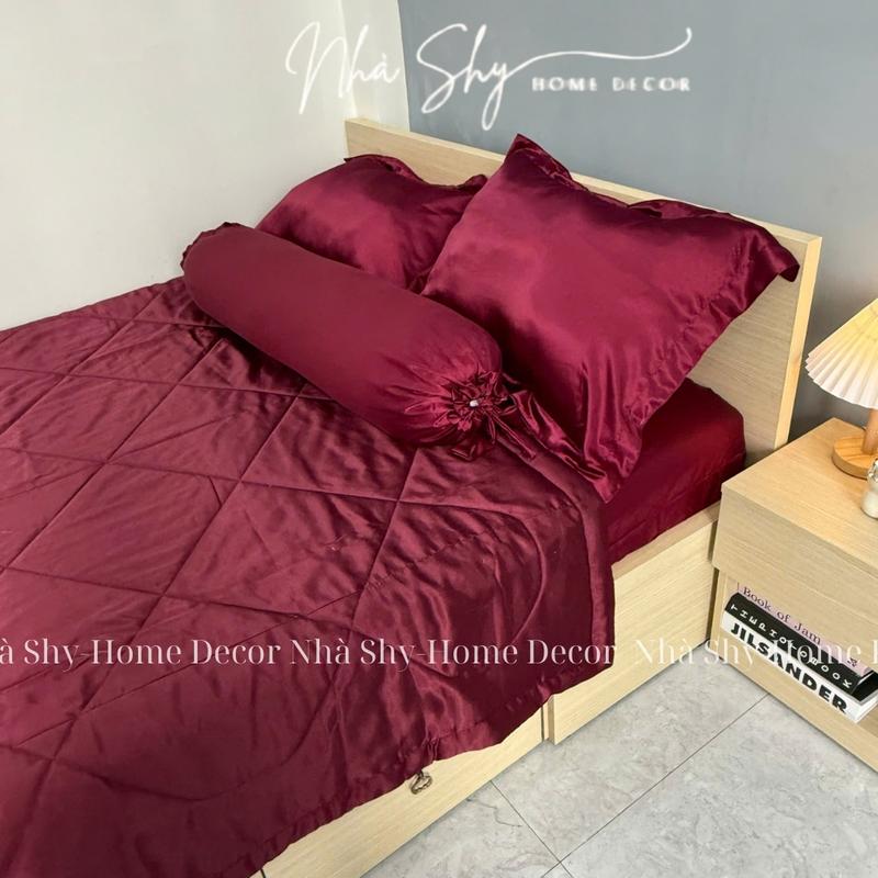 Bộ Chăn Gra Phi Lụa 5 Món Màu Đỏ Mận - Set 4 món không mền  set 5 món có mền - Nhà Shy 