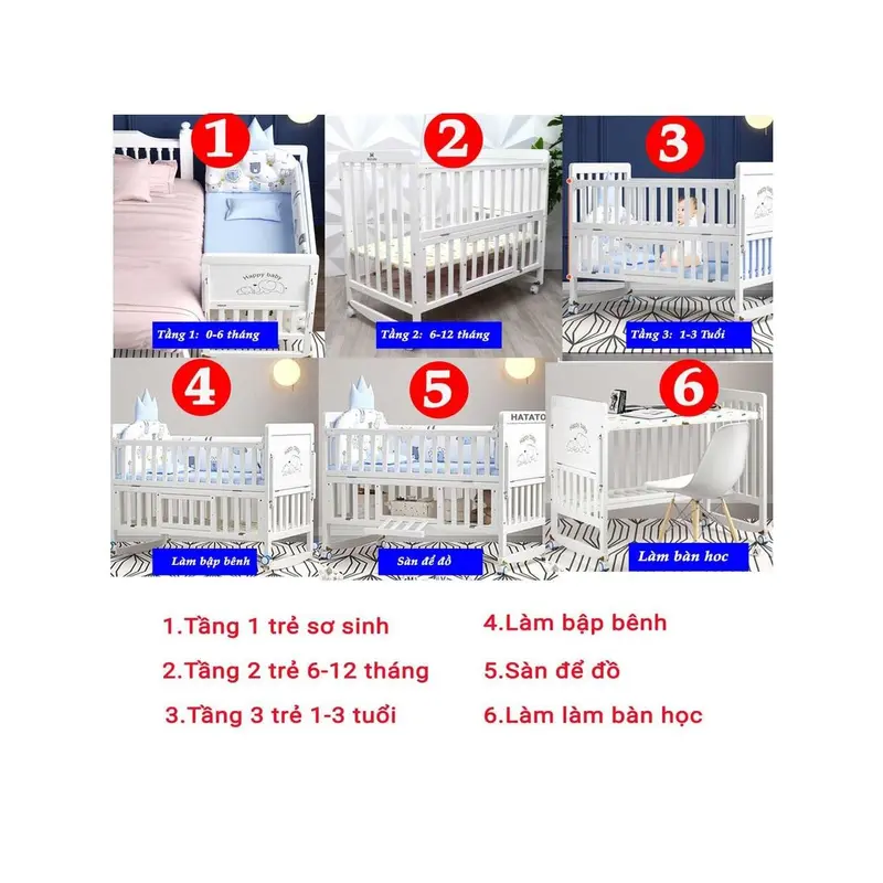 Nôi Em Bé S318 Hatato phủ 3 lớp sơn trắng dùng cho bé từ 0-4 tuổi có thể làm nôi cho trẻ sơ sinh 3