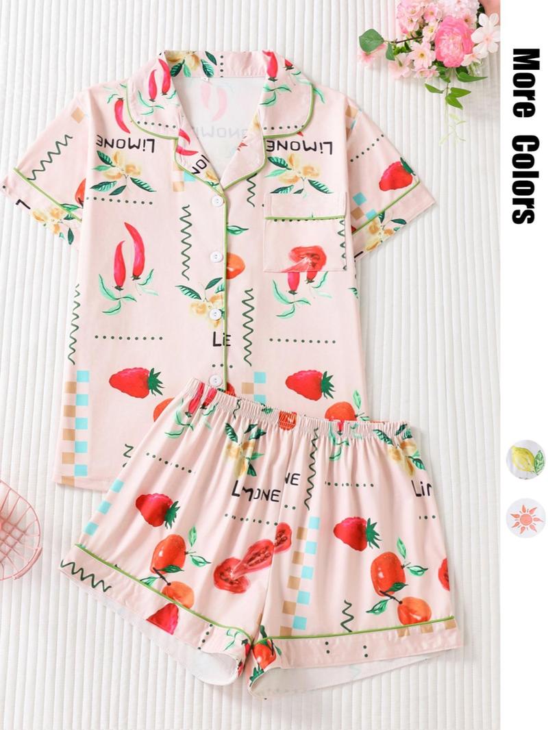 Product Introduction of Two-piece Set Women's Fruit Print Lapel Neck Button Front Pajama Set, Casual Comfy Pastel Short Sleeve Pocket Top & Elastic Waist Shorts Pj Set, Ladies Sleepwear for All Seasons 7