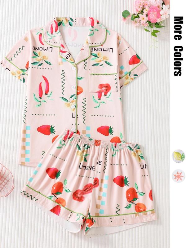 Two-piece Set Women's Fruit Print Lapel Neck Button Front Pajama Set, Casual Comfy Pastel Short Sleeve Pocket Top & Elastic Waist Shorts Pj Set, Ladies Sleepwear for All Seasons 6