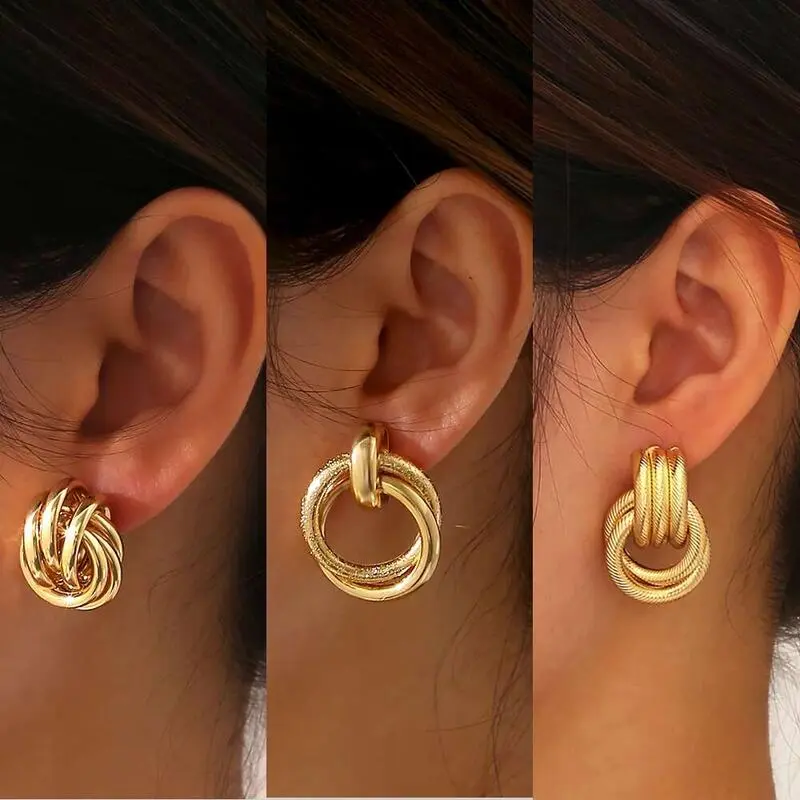 Vintage Twist Round Set for Women  Boho Metal Gold Color Dangle Earrings Geometric Fashion Jewelry Trendy