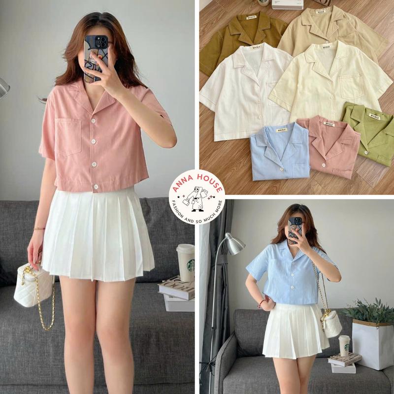 { Giá mở bán } Áo sơ mi nữ cổ vest tay ngắn nhiều màu Retro, áo sơ mi nữ cổ vest cộc tay basic nhiều màu trơn somikieu