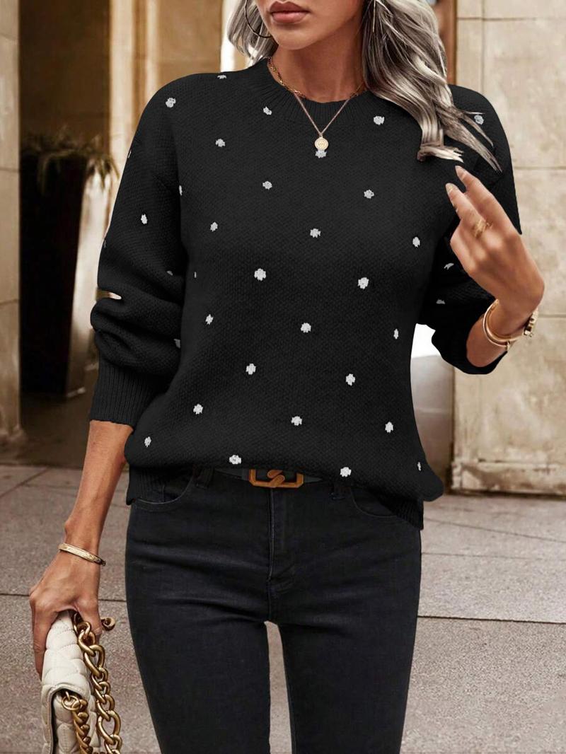 Product Introduction of Women's Polka Dot Print Drop Shoulder Longsleeves Crewneck Sweater, Long Sleeve Round Neck Jumper for Fall & Winter, Fashion Ladies' Knitwear for Daily Wear, Comfort Lady Tops, Casual Womenswear,  Modest Outfits 12