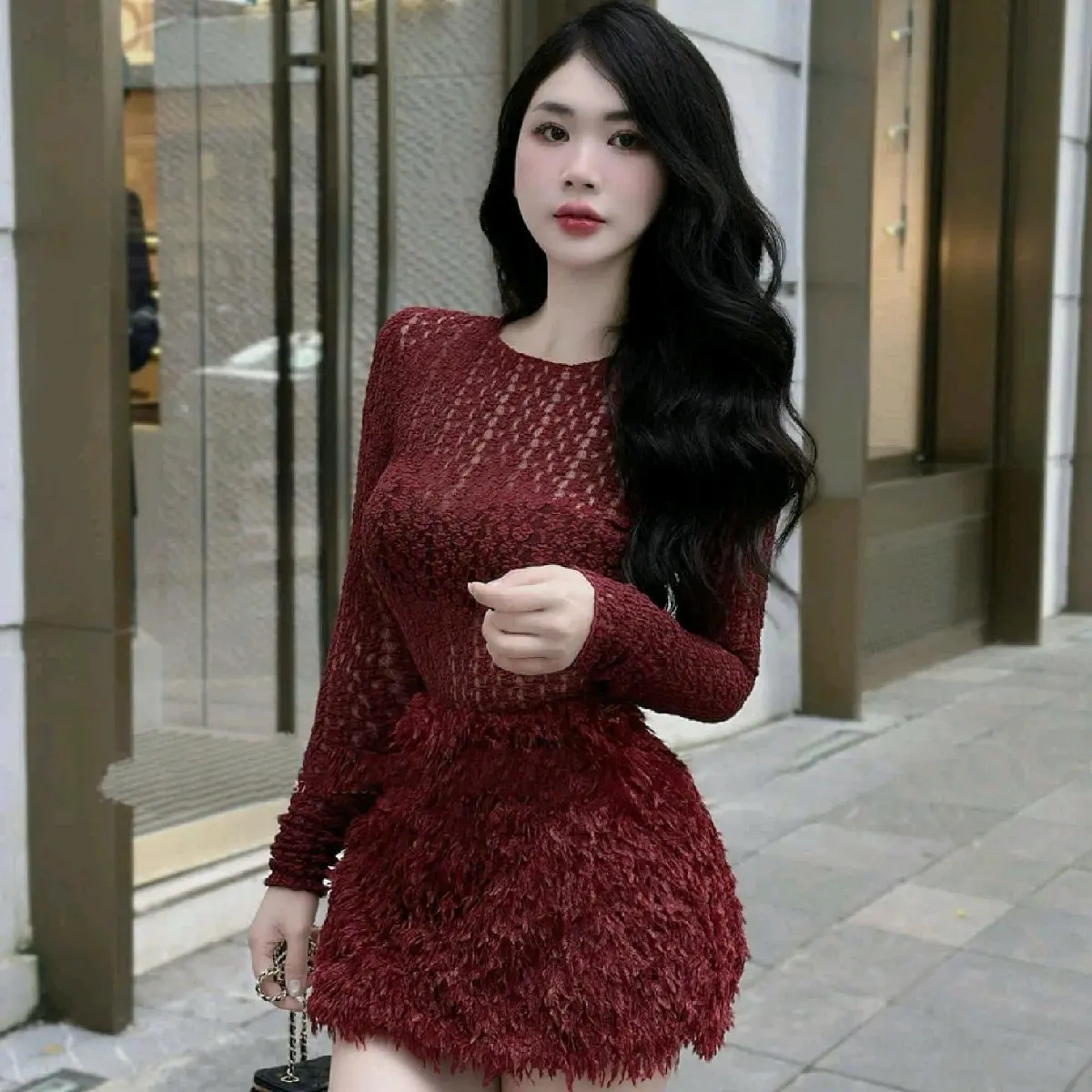 Hàng thiết kế Set Áo Ren Chân Váy Lông Đỏ Tiểu Thư Lên Dáng Siêu Mê . Nữ Women Dress chỉ giặt tay đỏ hồng  đỏ và hồng váy dự tiệc