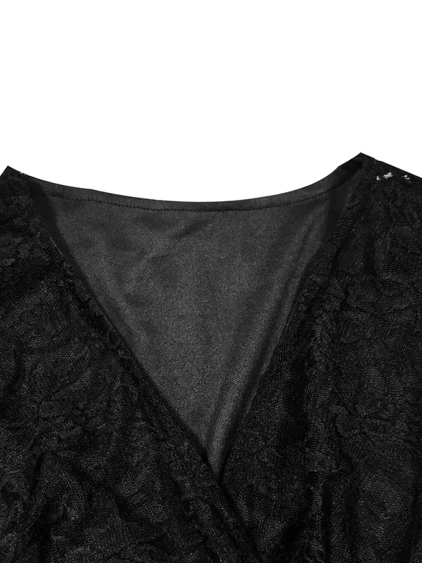 【Plus Size】 Solid Color Lace Trim Hem Tulle Dress, Elegant Long Sleeve Round Neck Dress for Party Wedding Guest, Women's Clothes for Spring & Fall 5