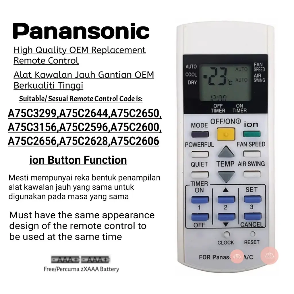 Panasonic air cond air conditioner ion Replacement Remote Control