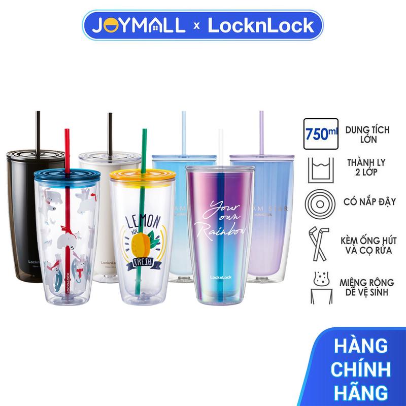 Ly Nhựa 2 Lớp Locknlock HAP507 750ml - Hàng Chính Hãng, 2 Lớp Cách Nhiệt, Có Nắp Đậy, Miệng Ly Rộng, Kèm Ống Hút Và Cọ Rửa - JoyMall