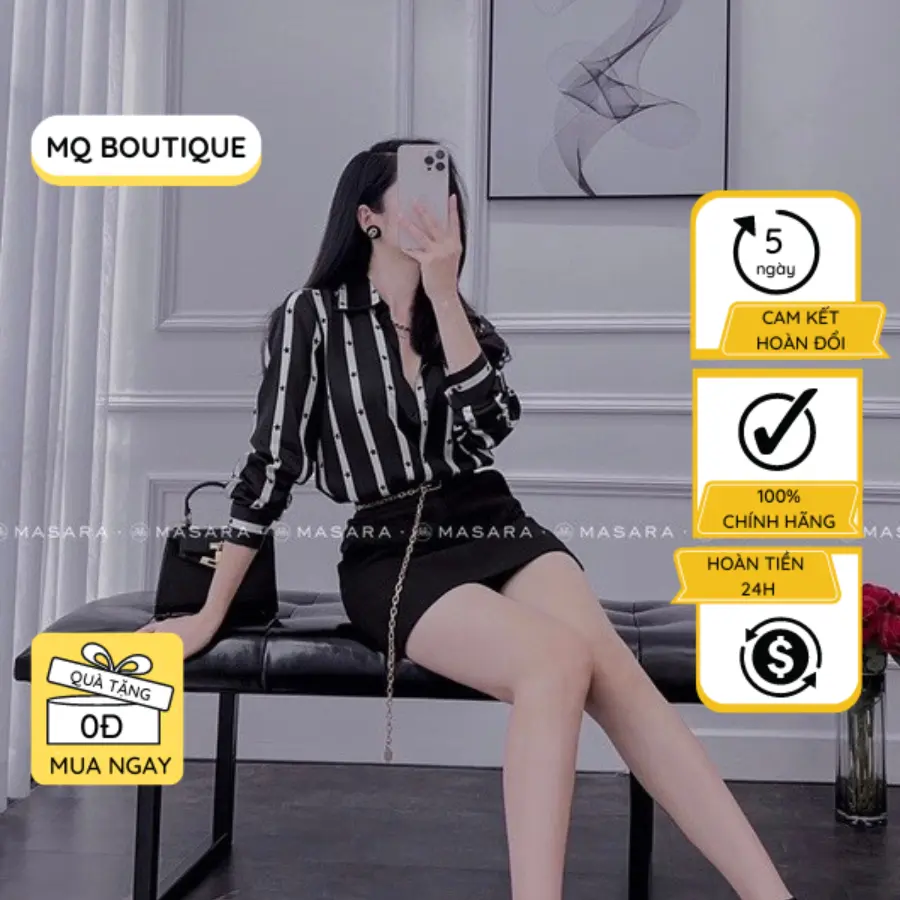 Áo sơ mi nữ lụa dài tay cao cấp công sở họa tiết sao đen nền trắng sữa cao cấp, áo sơmi họa tiết thiết kế NH Boutique