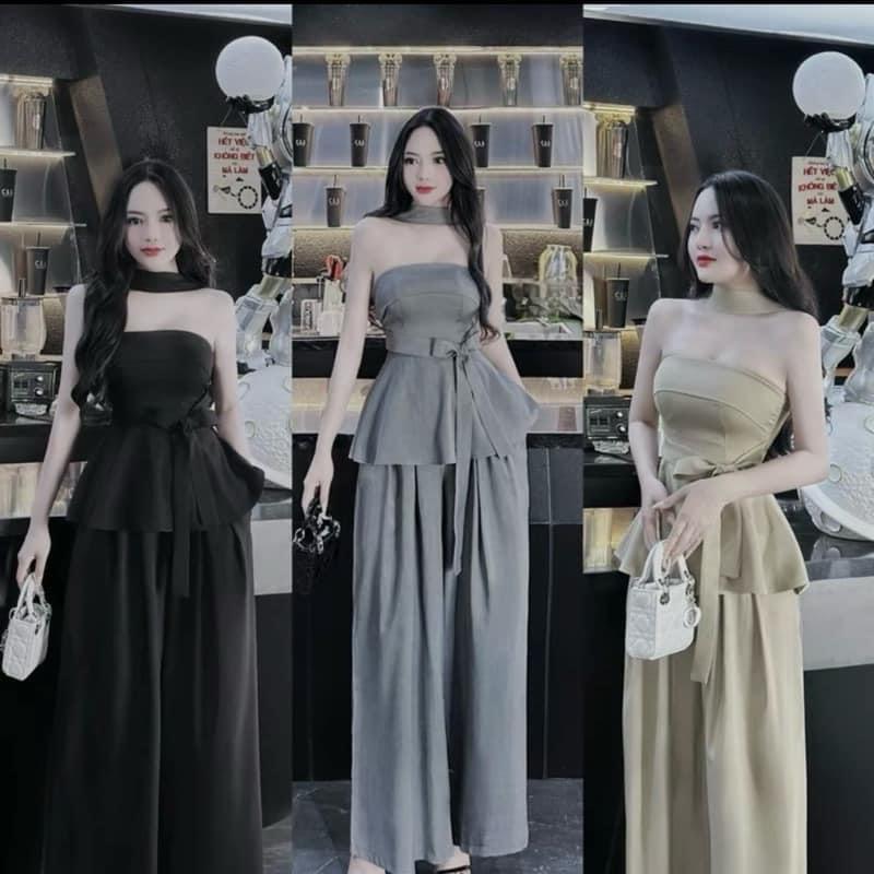 Sét bộ kiểu nữ thường mặc áo cúp bèo bụng dây nơ kèm quần ống xuông chất liệu xước thái. Sét kiểu Top Đen đẹp.