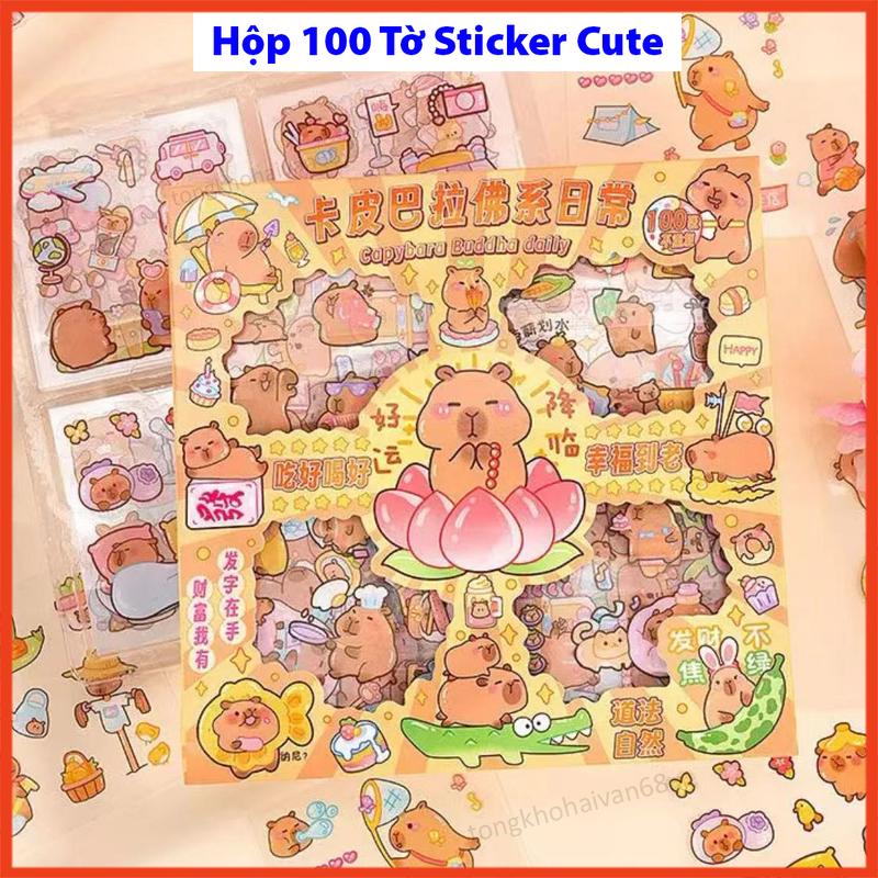 Hộp 100 tấm sticker cute dễ thương Capy , set 100 tờ sticker trang trí dán tập vở, bình nước, bút và nhiều vật dụng khác