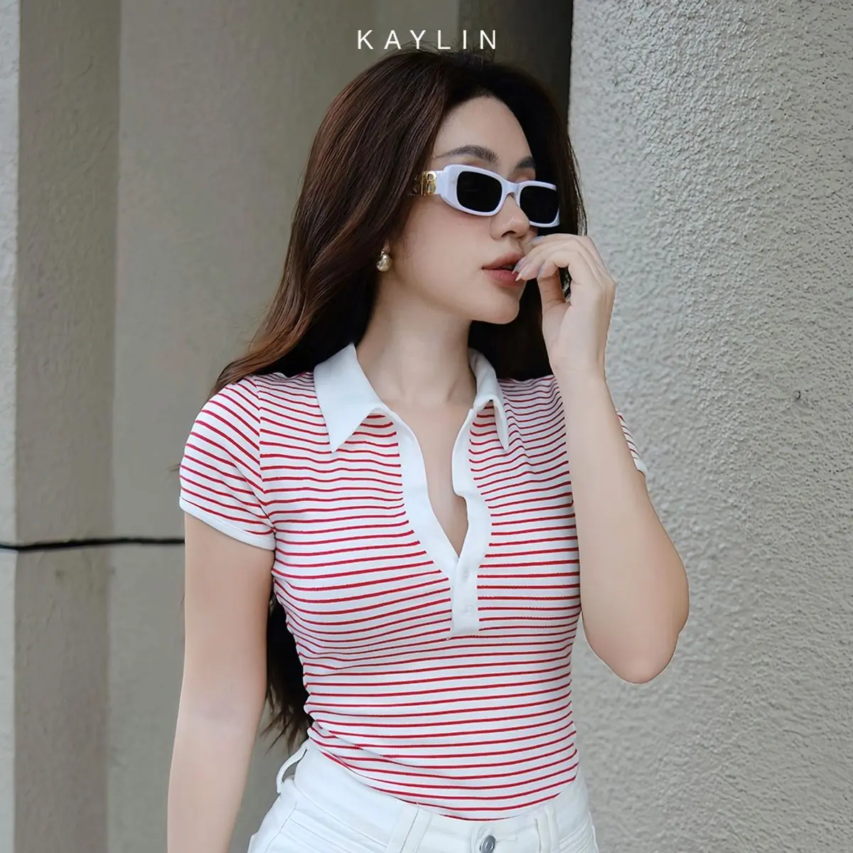 Áo thun nữ KAYLIN form ôm cổ Sơ mi phối sọc chất vài thun co giản form Polo phong cách công sở thanh lịch - N2252 Top Women Polo Cotton | BigBuy360 - bigbuy360.vn