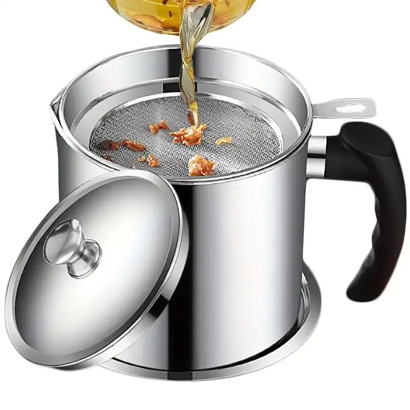 Stainless Steel Oil Pot with Filter, Kitchen Oil Dispenser with Tray & Lid, Bacon Grease Container, Cooking Oil Can, Home Kitchenware 0