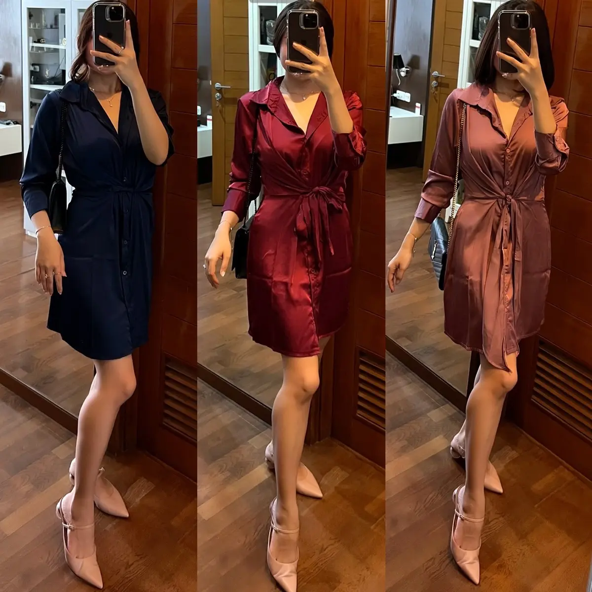 Dress armany silk premium dress kemeja baju full kancing hidup depan dress tali Casual Formal