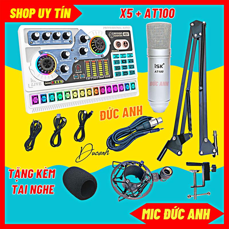 Bộ Mic Thu Âm AT100 Sound Card X5 Màu Trắng Đời Mới Chuyên Livestream Dùng Được Cho Mic 5V Và Micro 48V Tặng Kem Tai Nghe