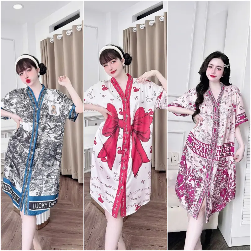 Váy ngủ sơ mi lụa cổ Y bigsize chất latin mềm mịn in hình dễ thương size < 70kg
