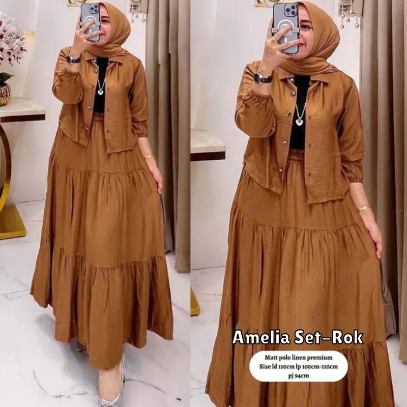 Amelia Set Rok Dan Atasan Bahan Crinkle Setelan Wanita Muslim Standar Dan Jumbo M-XXL Vitrah Fauziah Store 1