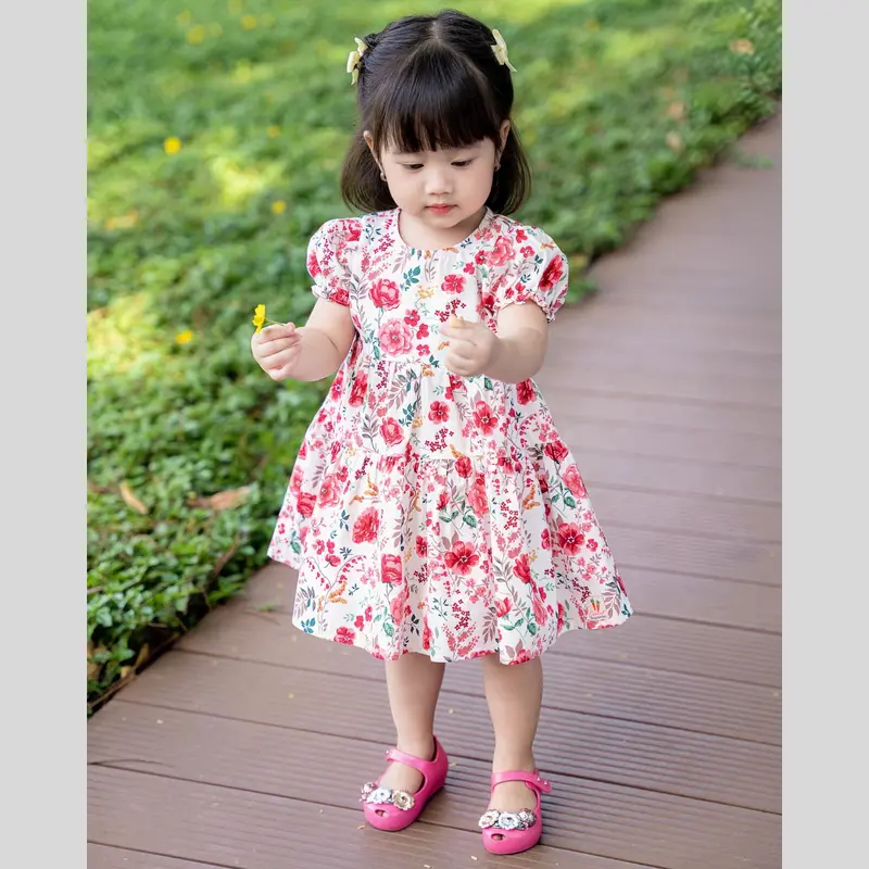 Váy bé gái chất thô cotton họa tiết hoa hồng xinh xắn 0