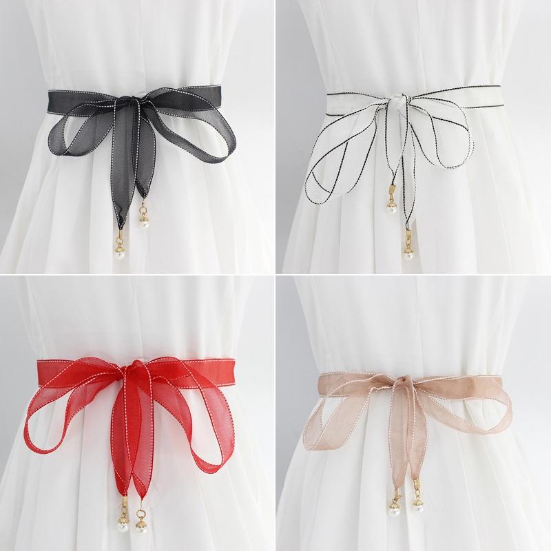 Dây thắt lưng vải voan thêu viền gắn ngọc, đai váy nữ thắt nơ thanh lịch