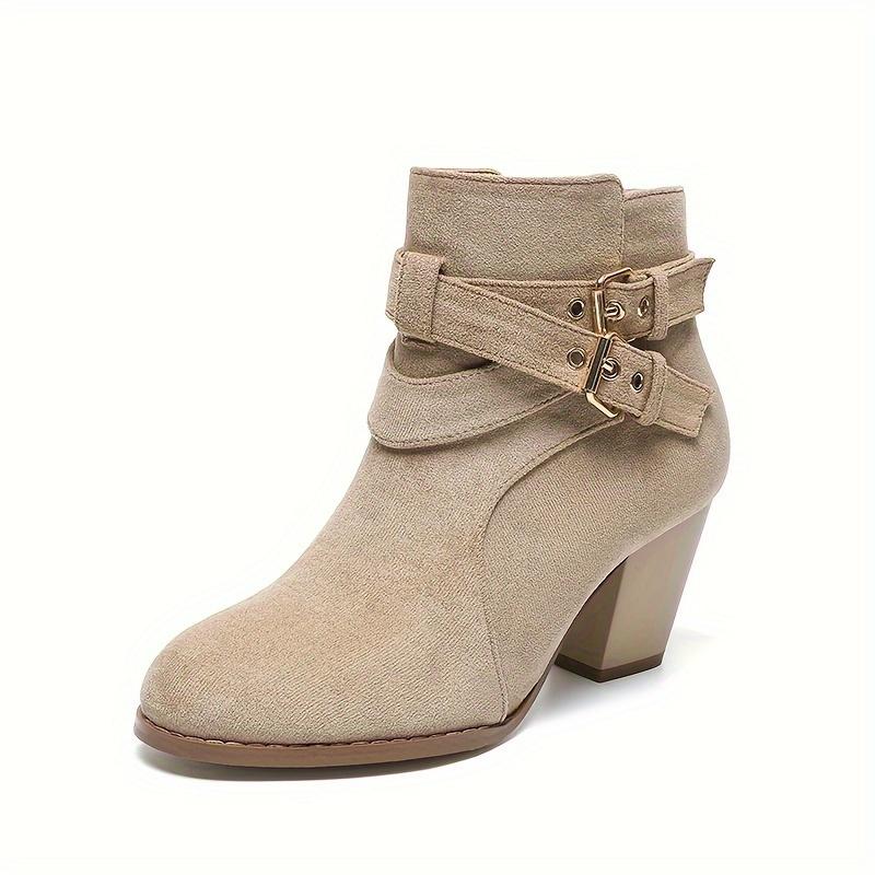 Women's Ankle Boots with Side Zipper and Straps Chunky Heel Comfortable Height-Increasing Lace-Up Short Boots 6
