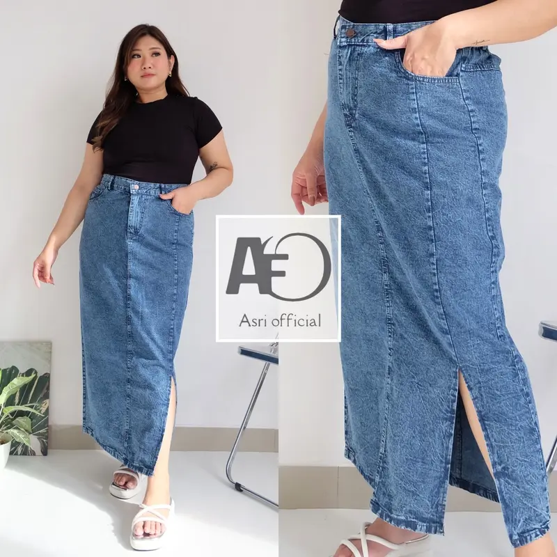 Rok span jeans size 4-6XL varian belah dan sobek pinggang karet - rok body sexy plus varian baru Wanita Panjang 7
