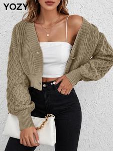 YOZY Women's Textured Drop Shoulder Button Front Cardigan, Casual Long Sleeve V Neck Cardigan for Fall & Winter, Fashion Ladies' Knit Clothing for Daily Wear