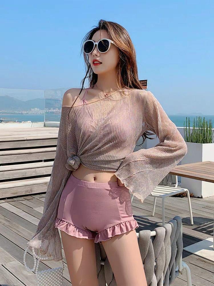 Product Introduction of Women's Swimsuit 2025 New Korean Ins Sexy Three-Piece Set Tummy Control Slimming Gathered Conservative Fairy Style Swimwear 11