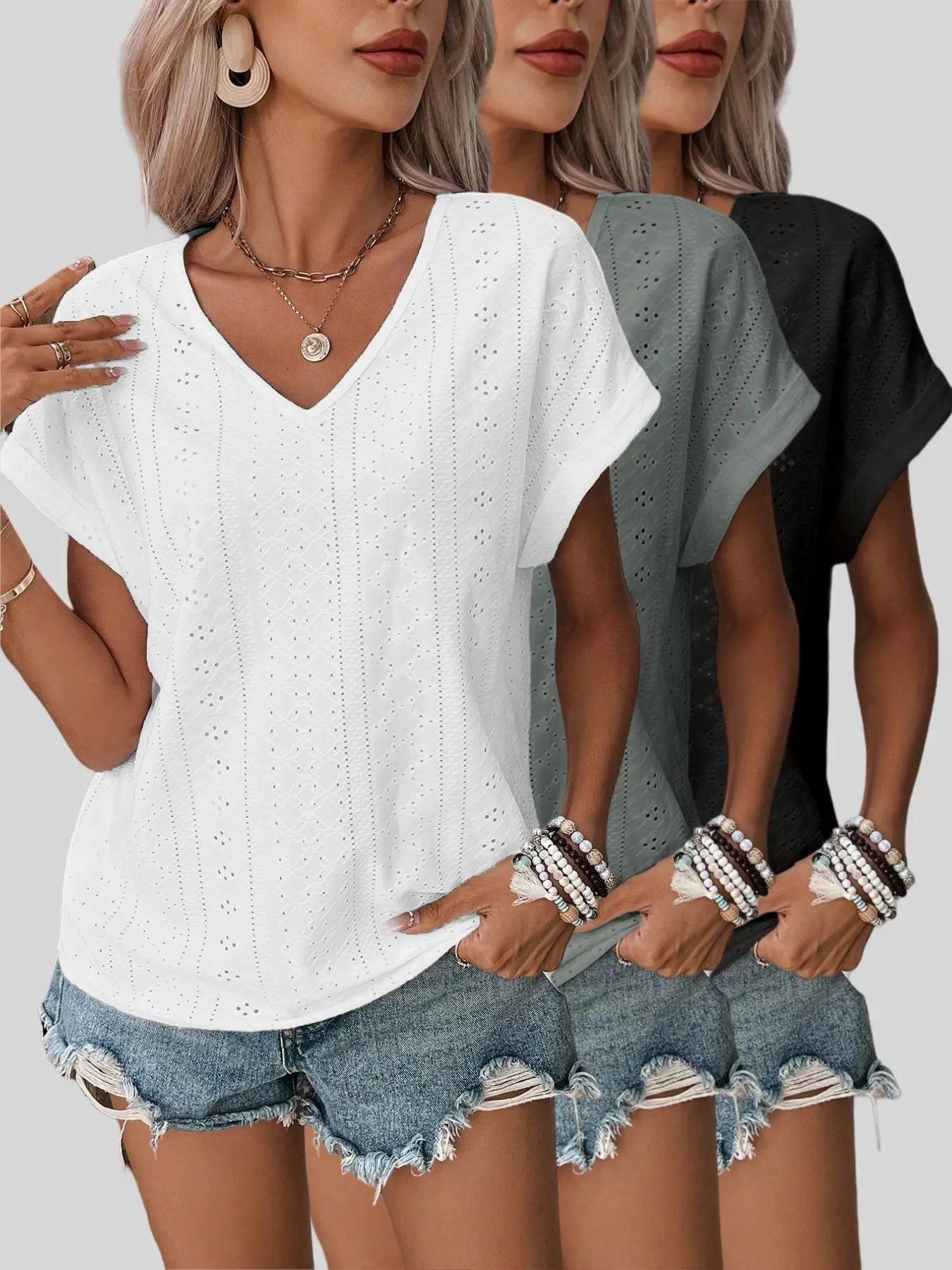 Women's Solid Color V-neck Tee, Casual Short Sleeve T-shirt for Summer,  T Shirts for Women, Ladies Clothes for Daily Wear