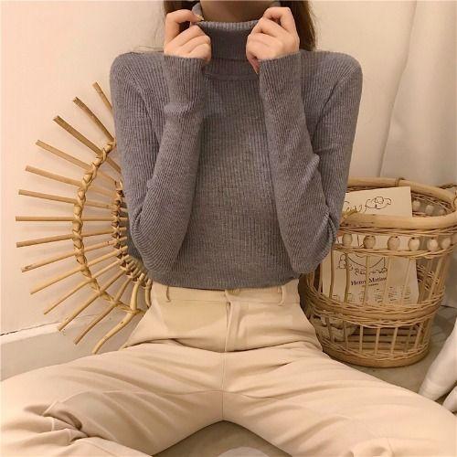 Áo Len Dài Tay, Phong Cách Hàn Quốc, Cổ Lọ Mỏng, Màu Trơn Co Giãn, Ôm Sát, Áo Mặc Trong 2