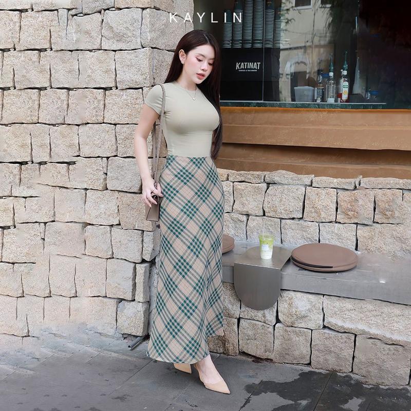 Chân váy KAYLIN dáng dài MIDI chất vải thô sọc caro phong cách - N2224 Nữ Women