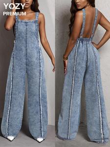 YOZY Women's Backless Denim Overalls, 1 Count Casual Fashion Overalls for Daily Wear, Ladies Clothes for All Seasons