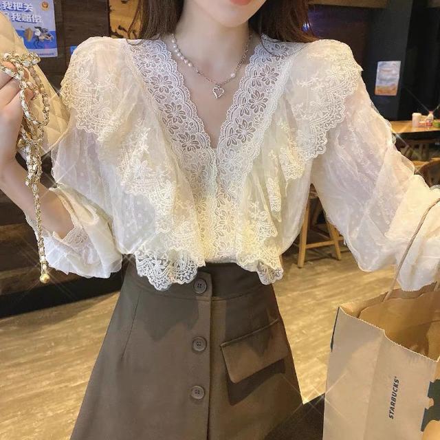 Áo Sơ Mi Ren Cổ Chữ V, Phong Cách Pháp, Dành Cho Nữ, Thiết Kế Đẹp, Độc Đáo Và Sang Trọng, Thời Trang, Áo Sơ Mi Dài Tay Áo Xếp Ly Hợp Xu hướng Women Top Shirt Trắng Cổ Tròn 0