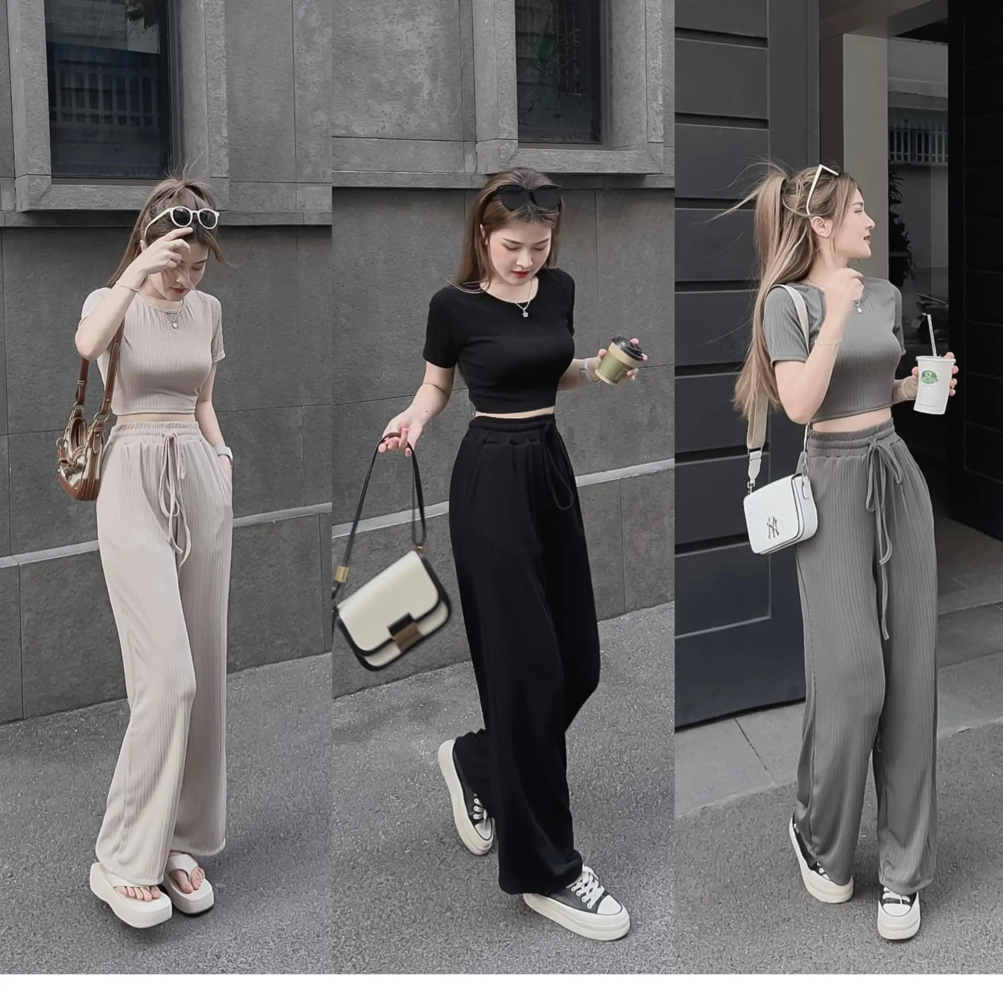 Bộ cộc tay nữ size  40 tới 62kg, áo croptop quần ống rộng, chất thun tăm mềm mại co dãn thỏa mãi. Màu Đen Voi Ong