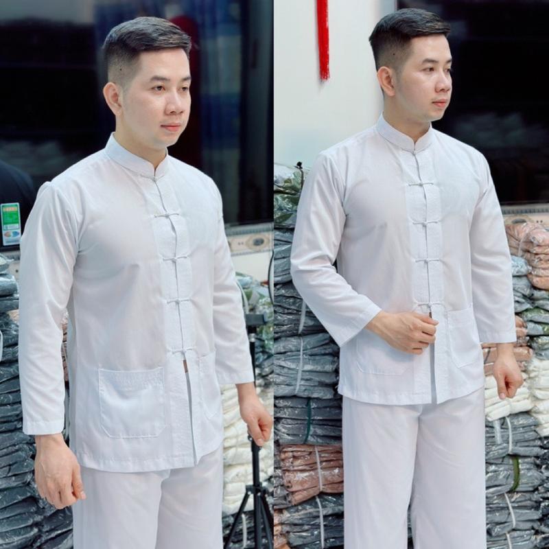 Dodichuagiasi SET ĐỒ LAM ĐI CHÙA NAM BỘ LÃNH TỤ MÀU TRẮNG TAY DÀI VẢI KATE Áo Menswear Sơ Mi Jean Chất Lượng Vải Loại 1 Miễn Phí Vận Chuyển