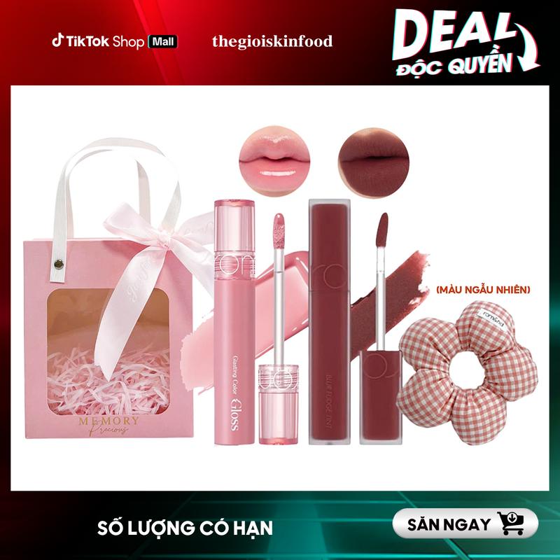   COMBO ROMAND  Son Bóng Romand Glasting Color Gloss 4g + Son Kem Lì Romand Blur Fudge Tint 5g + Cột Tóc Romand Scrunchies + Hộp quà bundle Romand 