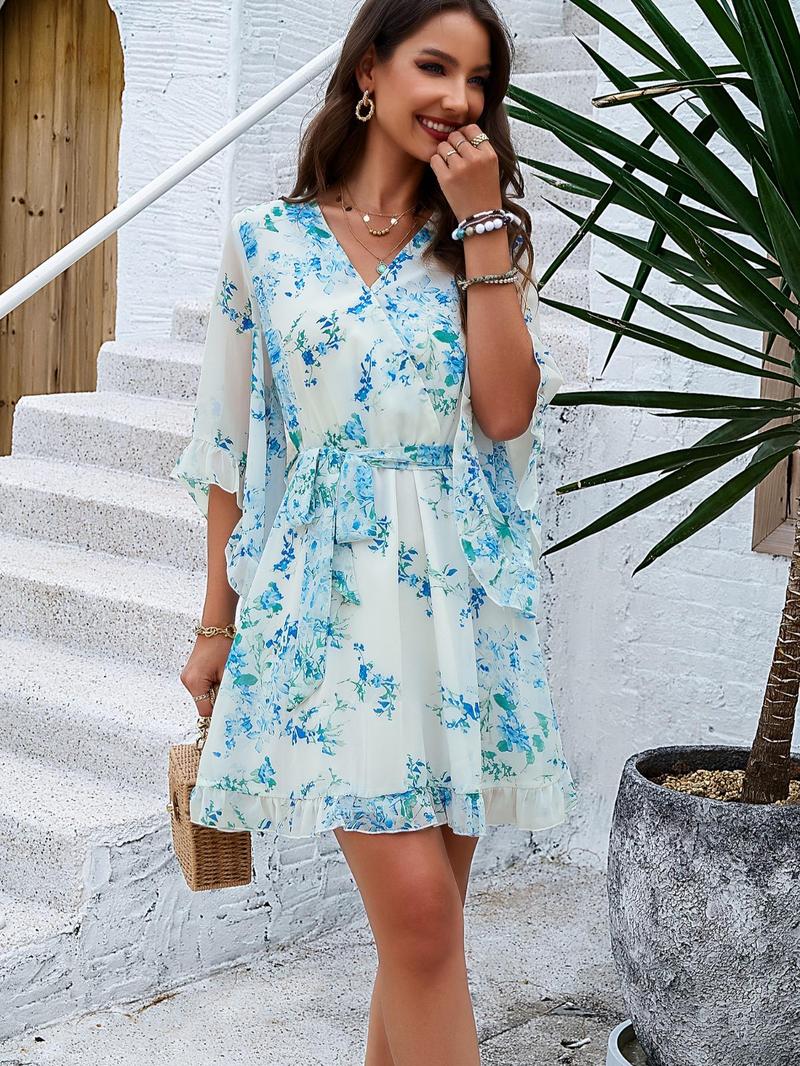 Product Introduction of Women's Ditsy Floral Print V Neck Short Dress, Elegant Flounce Sleeve Tie Waist Dress for Summer, Ladies Clothes for Beach Holiday 5