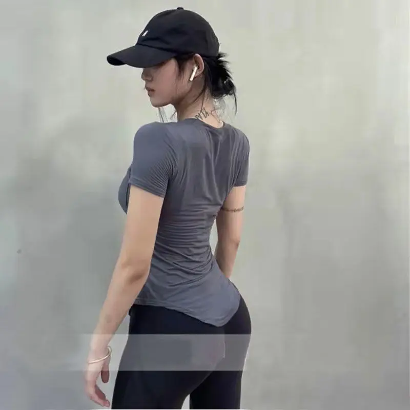 Áo Tập Luyện Luyện Thể Thao Yoga, Phong Cách Thường Ngày Cổ Chữ V, Viền Cong, Thiết Kế Thuần Khiết Áo Thun Ngắn Tay, Áo Lớp Nền Nữ, Phong Cách Ins 3