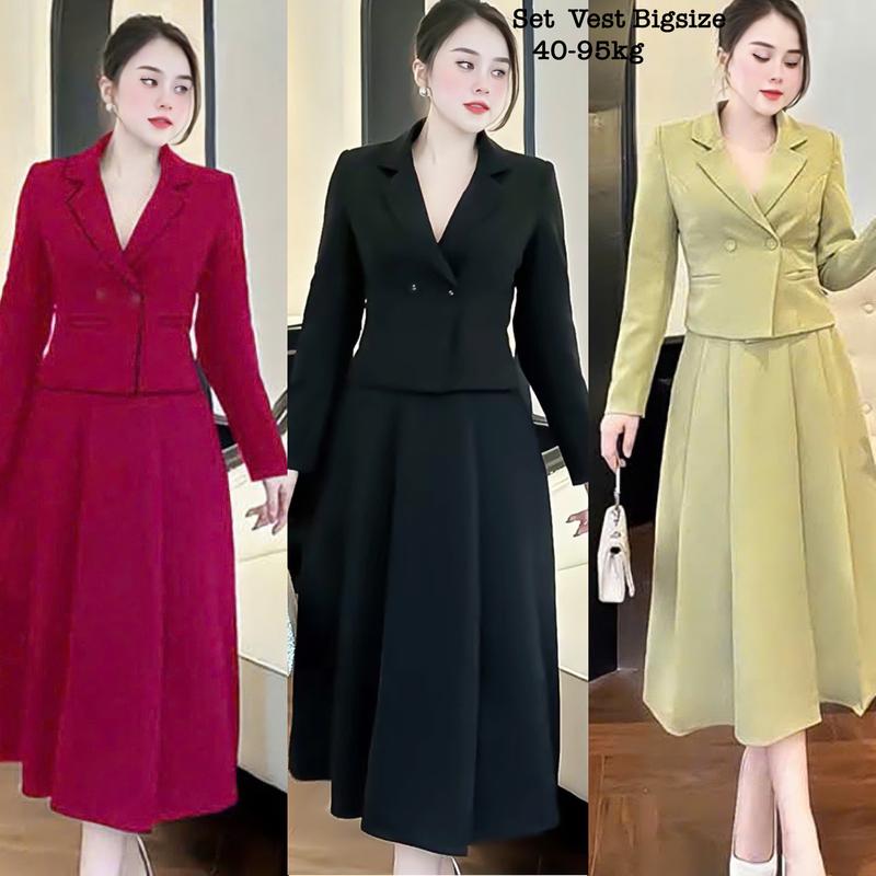Thời Trang Bigsize - Set Bigsize Áo Cổ Vest Mix Chân Váy Xòe Lụa Chéo Thái Thiết Kế Dự Tiệc Nữ Cao Cấp Xinh Đẹp Sang Trọng  50-95kg Áo Top Cotton Màu Nâu Sen Màu Đen Set Đồ Nữ đẹp Set Áo Croptop Bộ Suit Nữ Sang Chảnh Bigsize Women Xanh Rêu